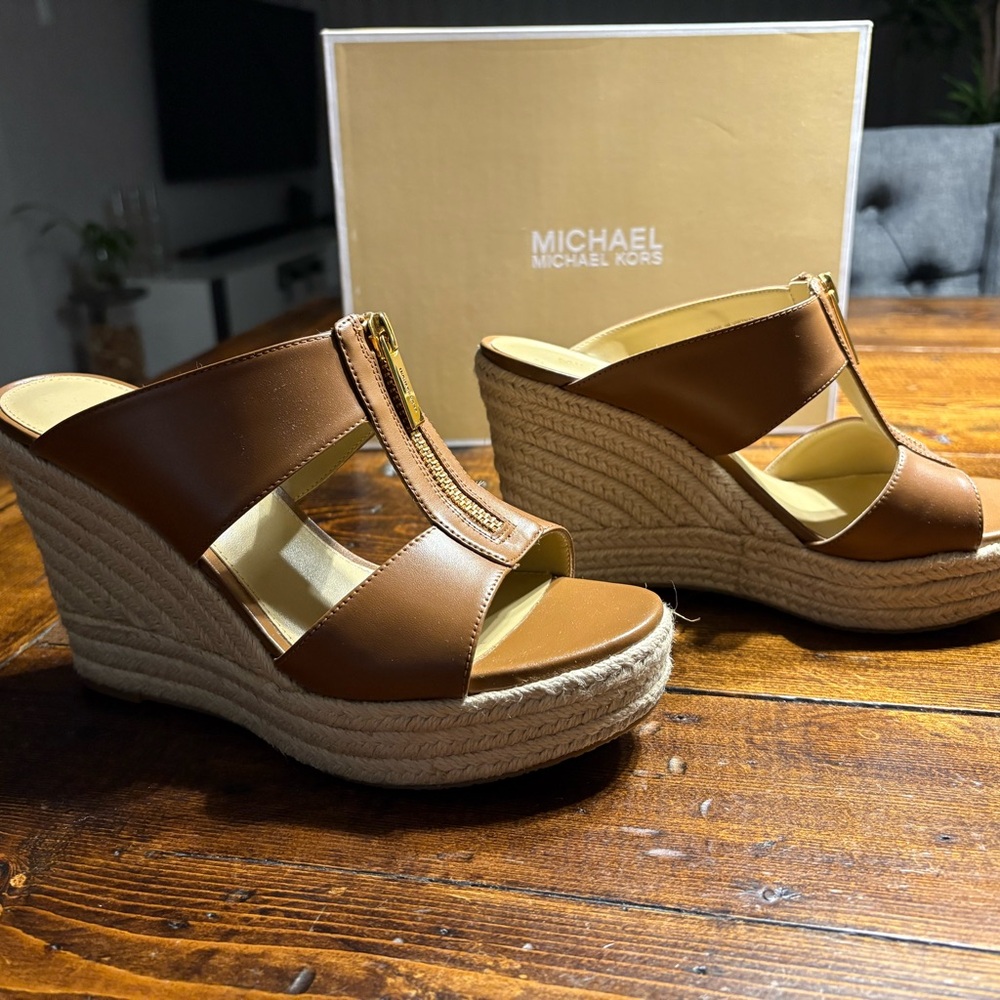 MICHAEL Kors Tan Wedge Sandals with Leather Straps